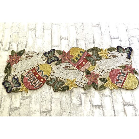 One Hundred 80 Degrees Beaded Bunny Easter Egg Table Runner Festive Spring Decor - Picture 2 of 8